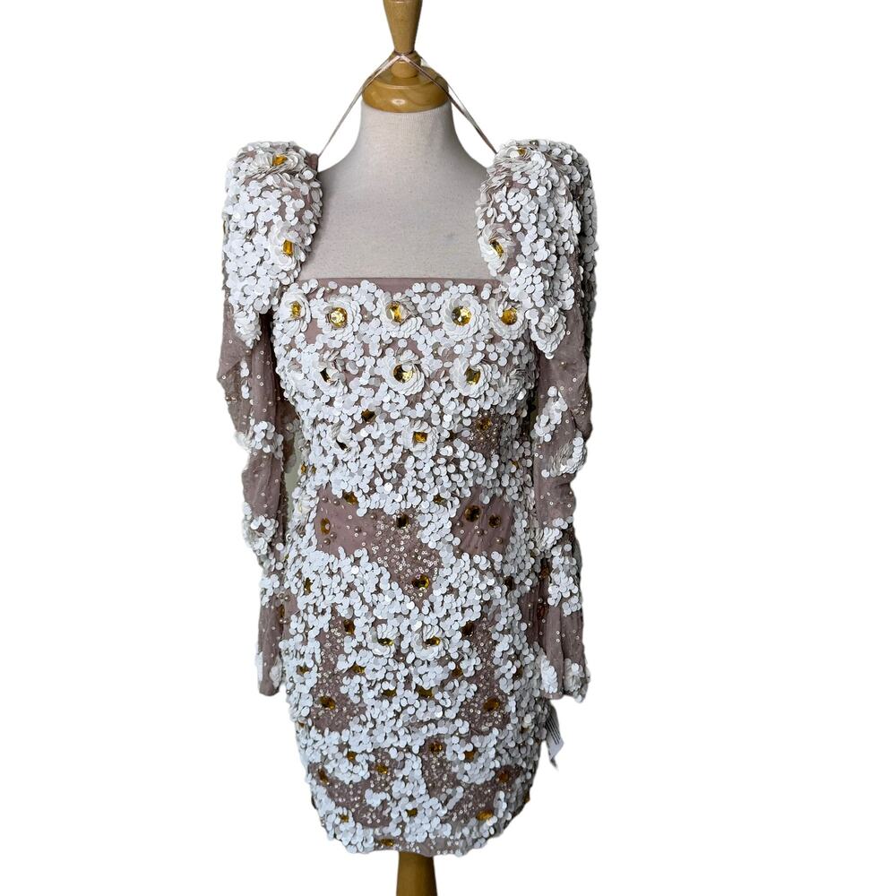 Asos LUXE Puff Sleeve Flower Embellished Dresses Pink white US 10